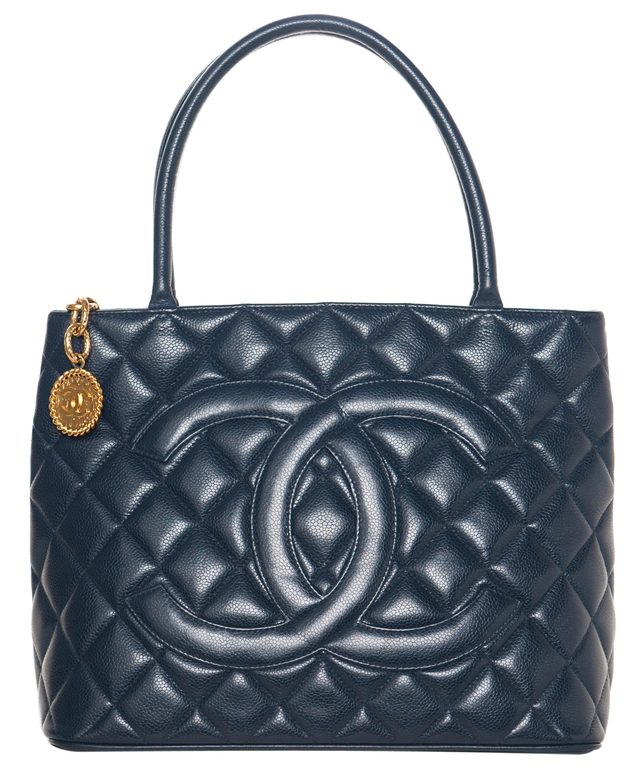 Vintage Chanel Navy Blue Caviar Quilted Medallion Tote