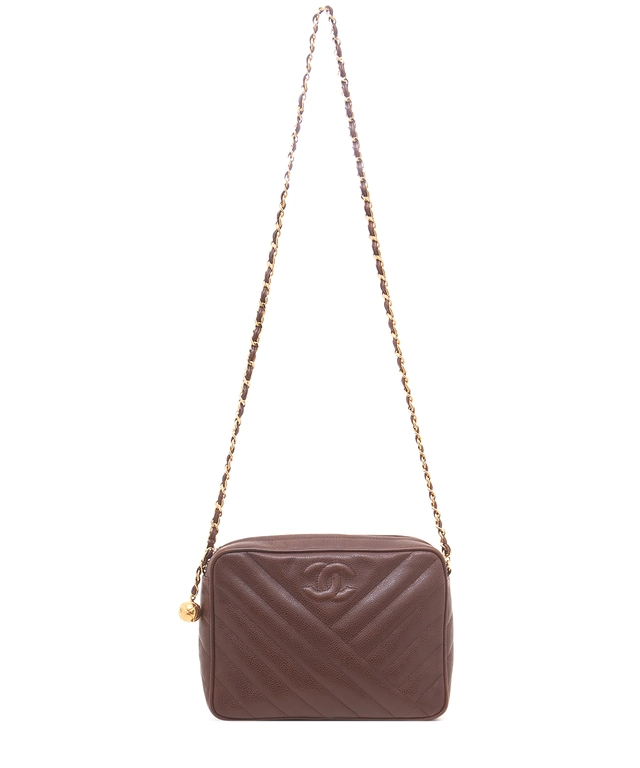Chanel Brown Caviar Chevron Quilted Camera Bag