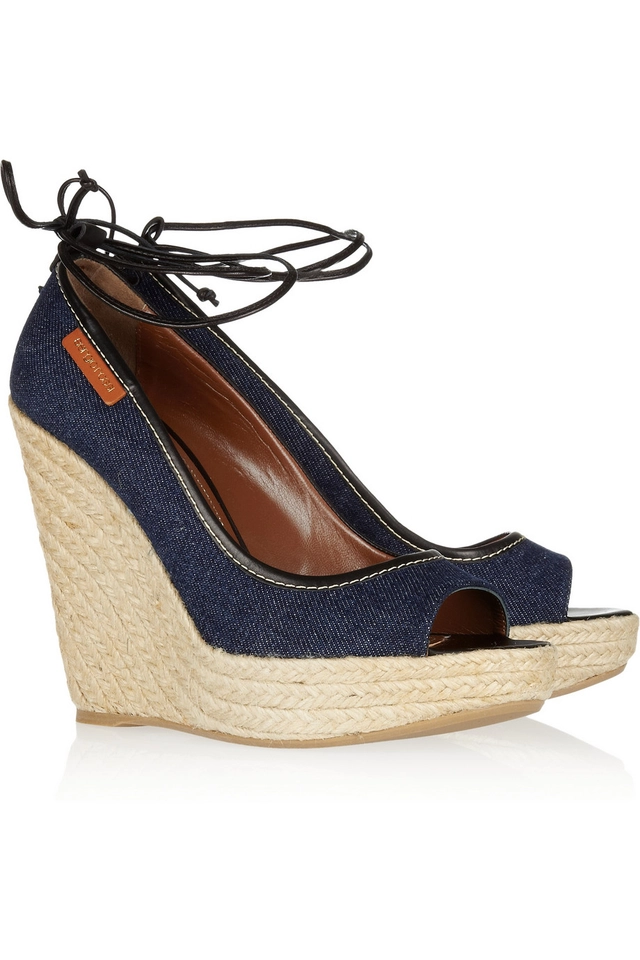 Sergio Rossi Denim Espadrille Wedge Sandals