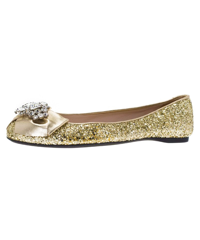 Miu Miu Silver Glitter Crystal Embellished Bow Ballet Flats
