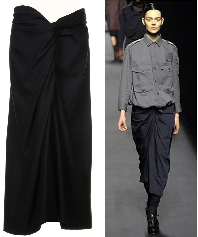 Fall 2007 Dries Van Noten Runway Black Wool Draped Skirt