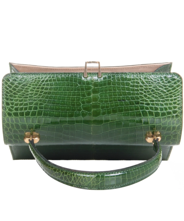 Vintage Emerald Green Crocodile Box Top Handle - image 7