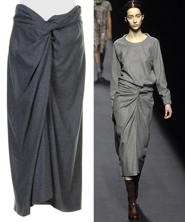 Fall 2007 Dries Van Noten Runway Grey Wool Draped Skirt