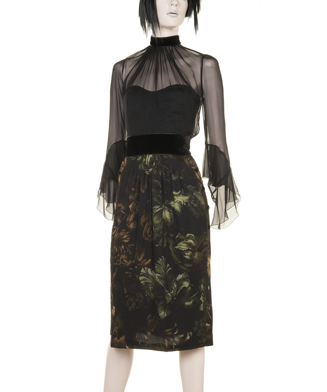 Gucci Black Green Silk Floral Dress