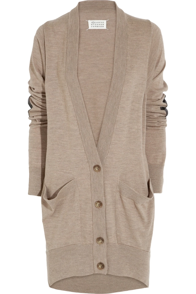Maison Margiela Leather-detailed Taupe Wool Cardigan