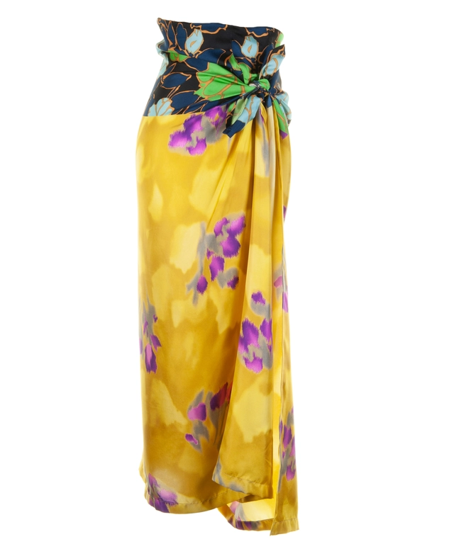 SS 2008 Dries Van Noten Yellow Printed Satin-Twill Wrap Midi Skirt