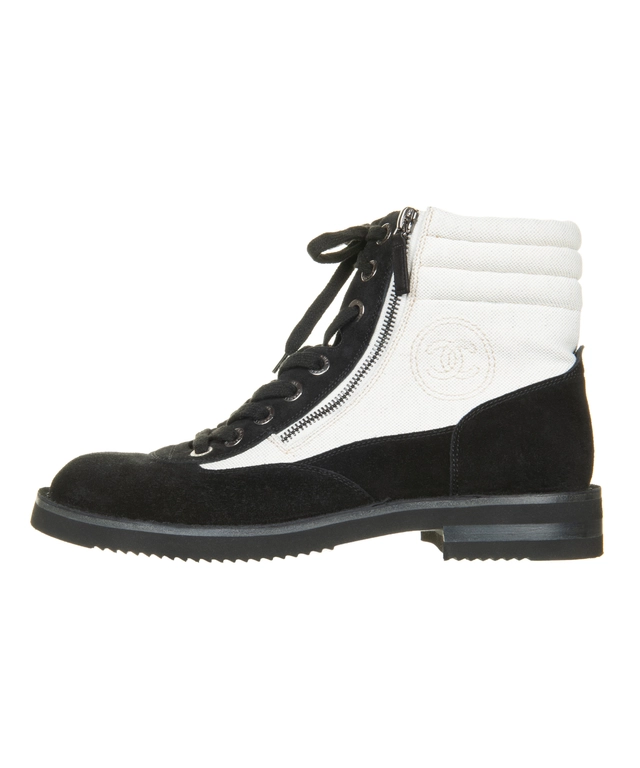 Chanel 15c Suede Canvas Cruise Cc Lace Up Short Combat Boots