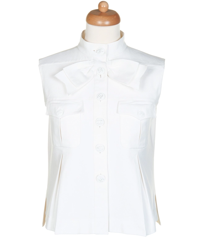 Chanel White GrosGrain Vest Sleeveless Top with Bow