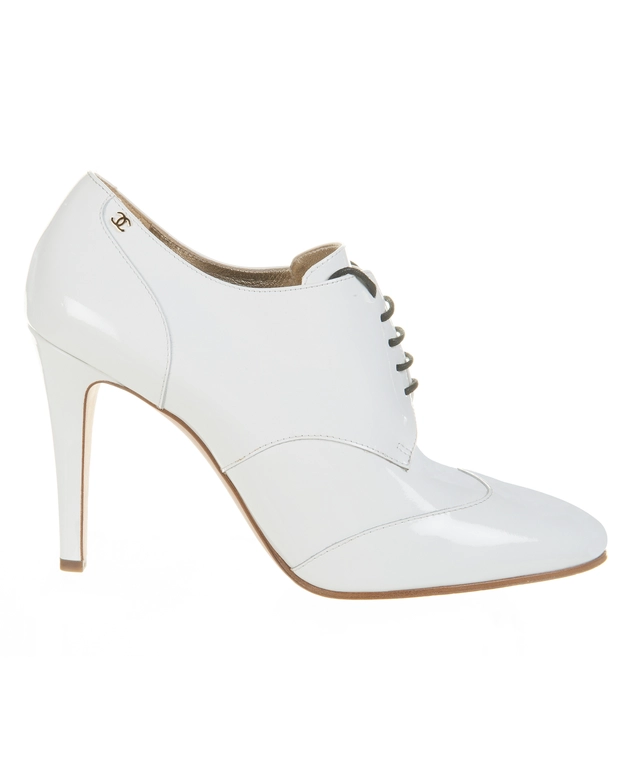 Chanel A2017 Runway White Patent Leather CC Lace Up Derby Booties