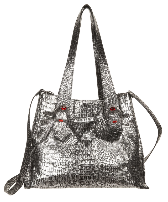 Couture Donald J. Pliner Silver Embossed Leather Calf Tote Shoulder Bag