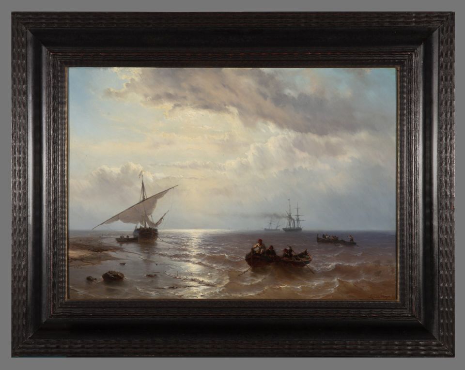 LOUIS JOHAN HENDRIK MEIJER (1809-1866) – SHIPS OFF THE COAST WITH FLAT BOTTOM WITH LOWERED SAILS ON THE LEFT (1858) - afbeelding 2