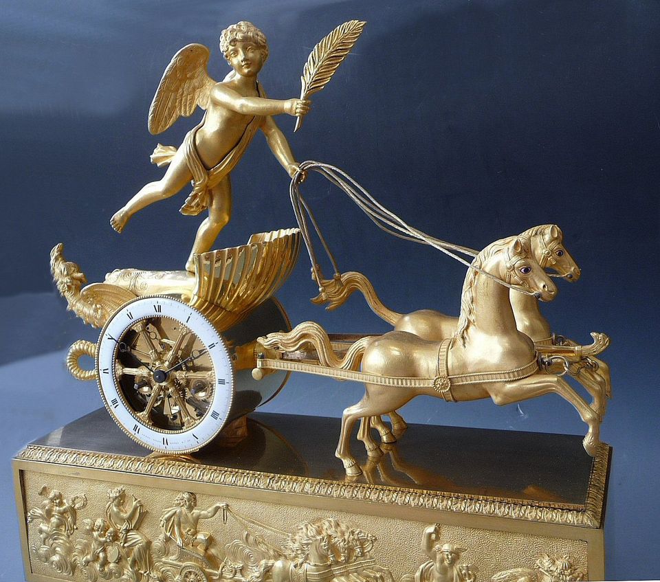 Cupids Chariot, een Franse sculptuur pendule, Empire gesigneerd Le Roy, c.1810. - afbeelding 4
