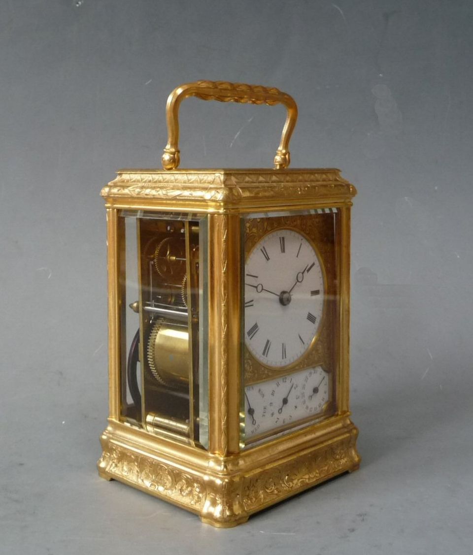 Een mooie gorge case  Franse reiswekker, Drocourt, 8 daags, kalender en wekker, gedateerd 1868. - afbeelding 2