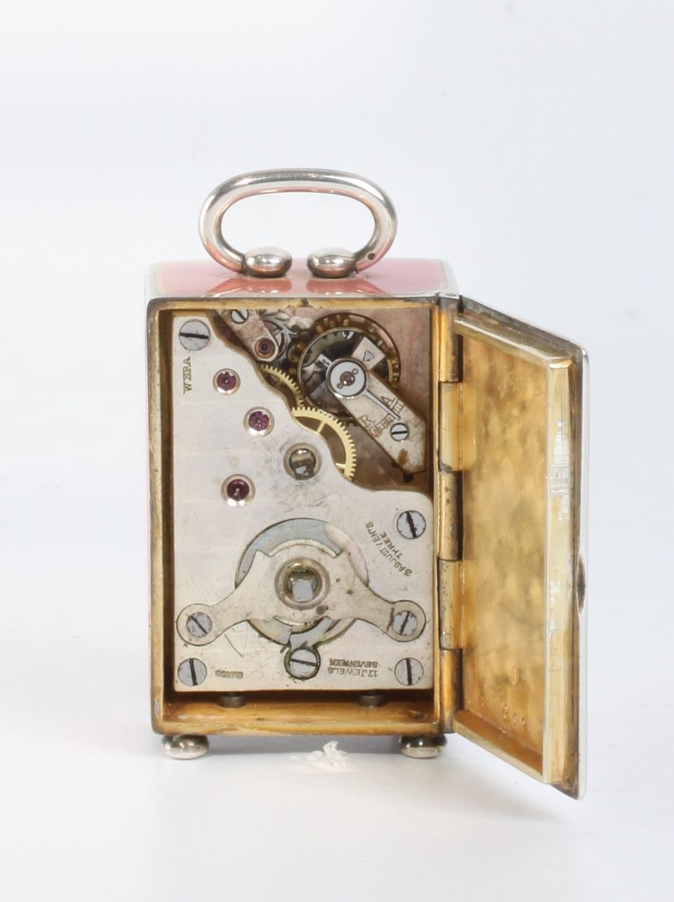 Een miniatuur Zwitsers zilveren roze transparant guilloche email klokje, circa 1900 - afbeelding 4