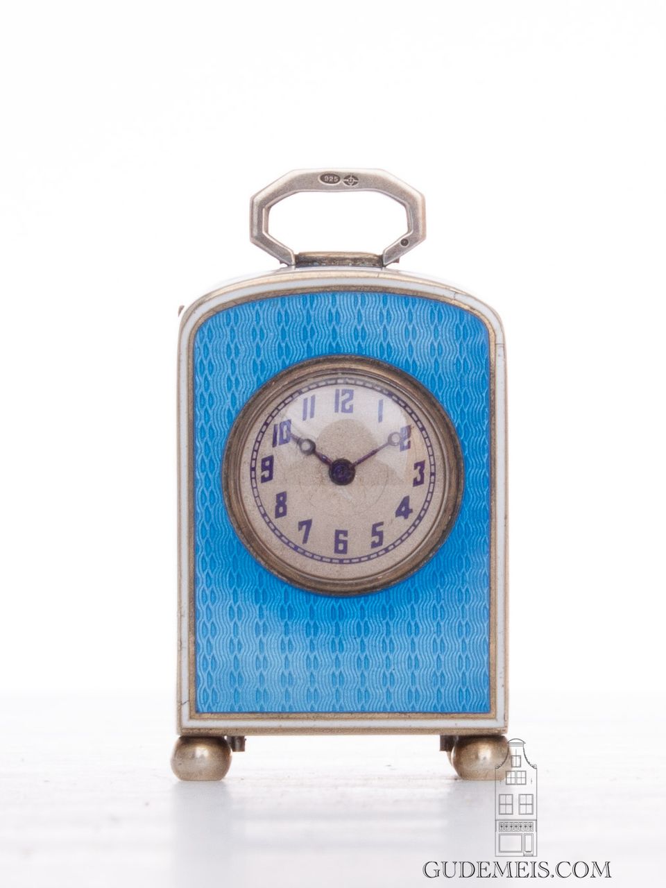 Een miniatuur Zwitsers Art Deco guilloche emaillen reisklokje, circa 18920 - afbeelding 2