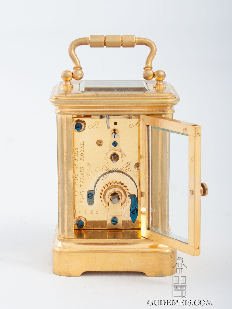 Een miniatuur Frans verguld messing reisklokje Le Roy & Fils, circa 1890. - afbeelding 7