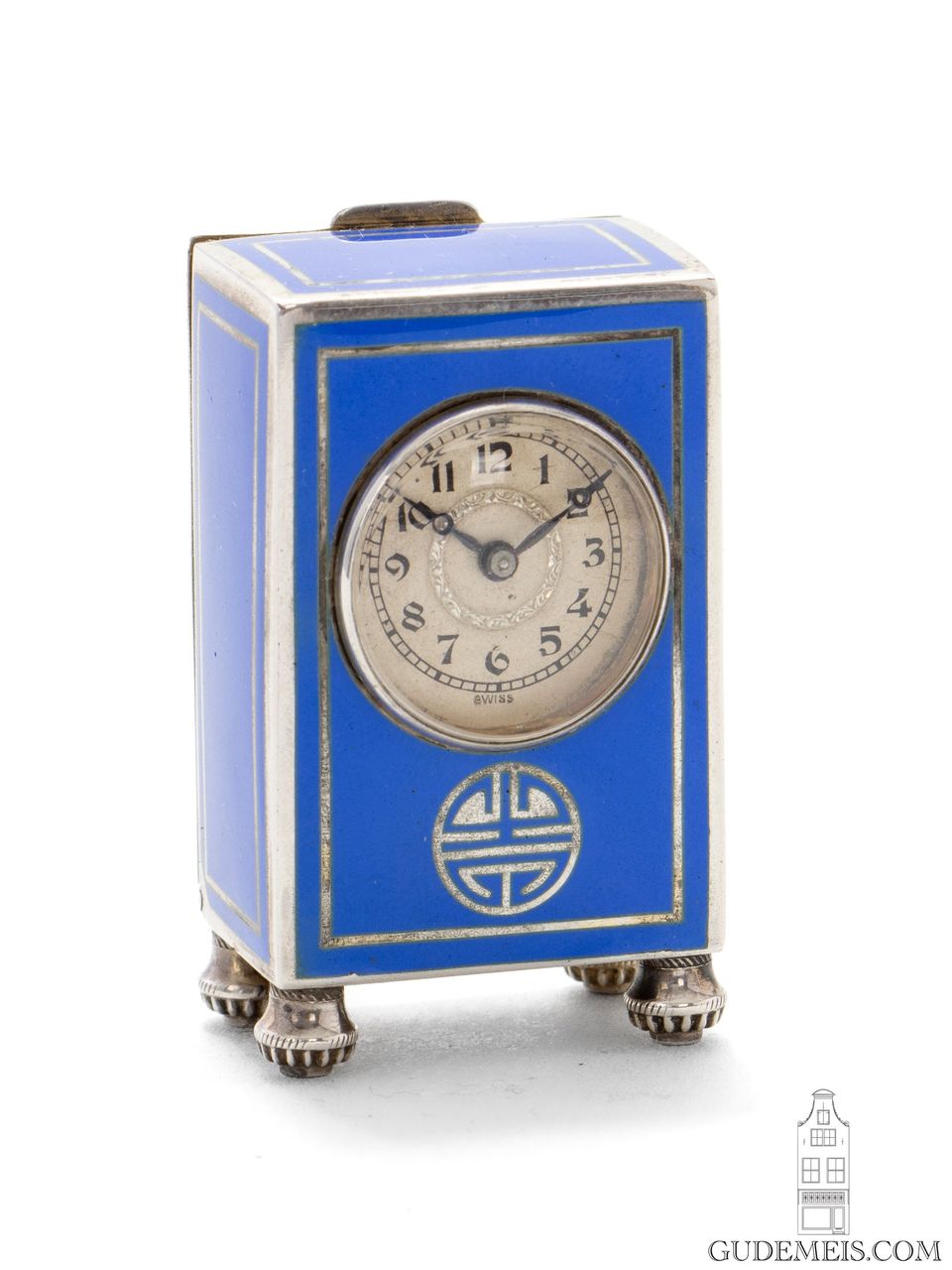 Een miniatuur Zwitsers Art Deco zilver en emaille reisklokje, circa 1925 - afbeelding 2