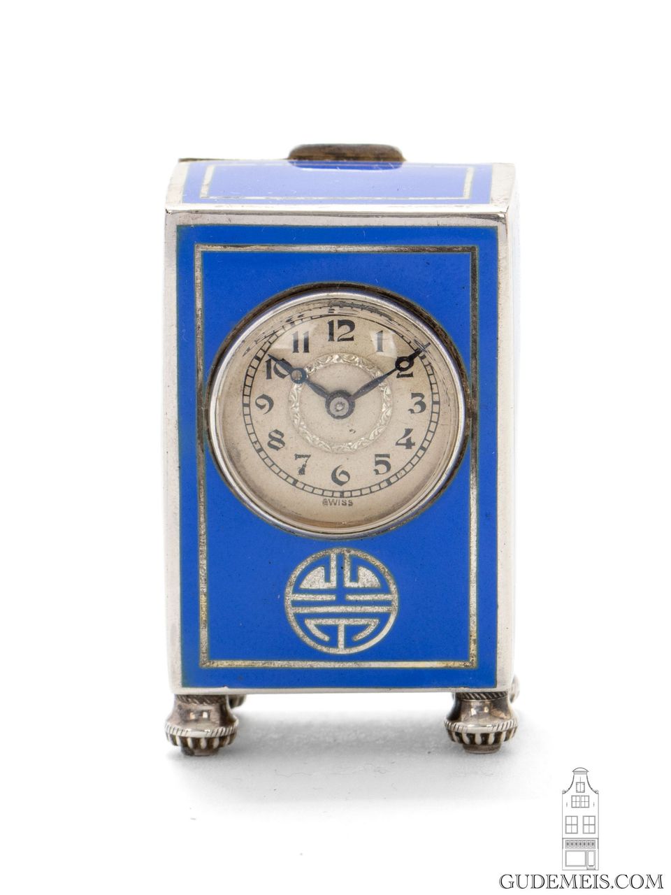 Een miniatuur Zwitsers Art Deco zilver en emaille reisklokje, circa 1925 - afbeelding 3