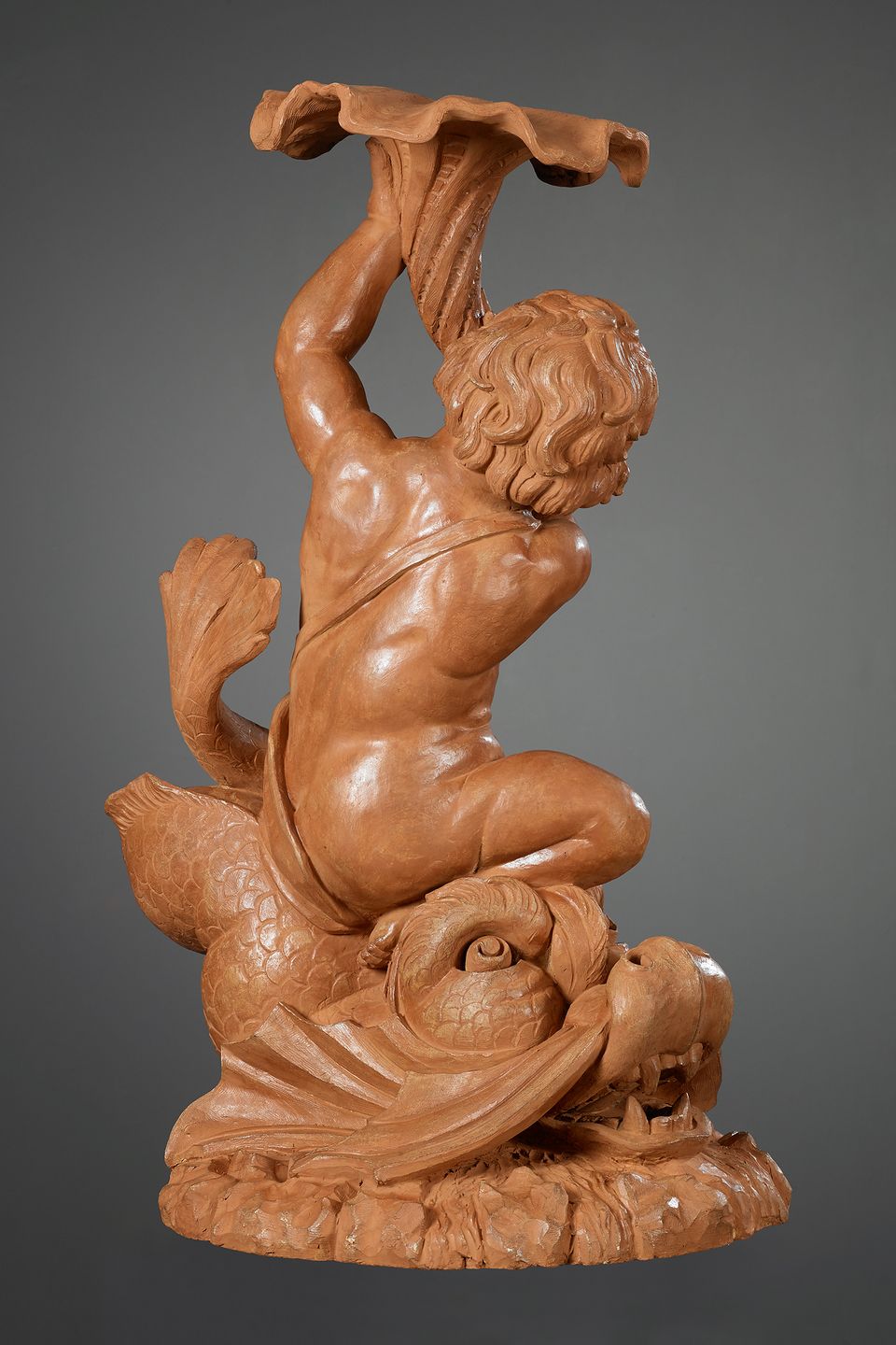 Vlaamse Terracotta sculptuur van Triton op een Dolfijn - afbeelding 4