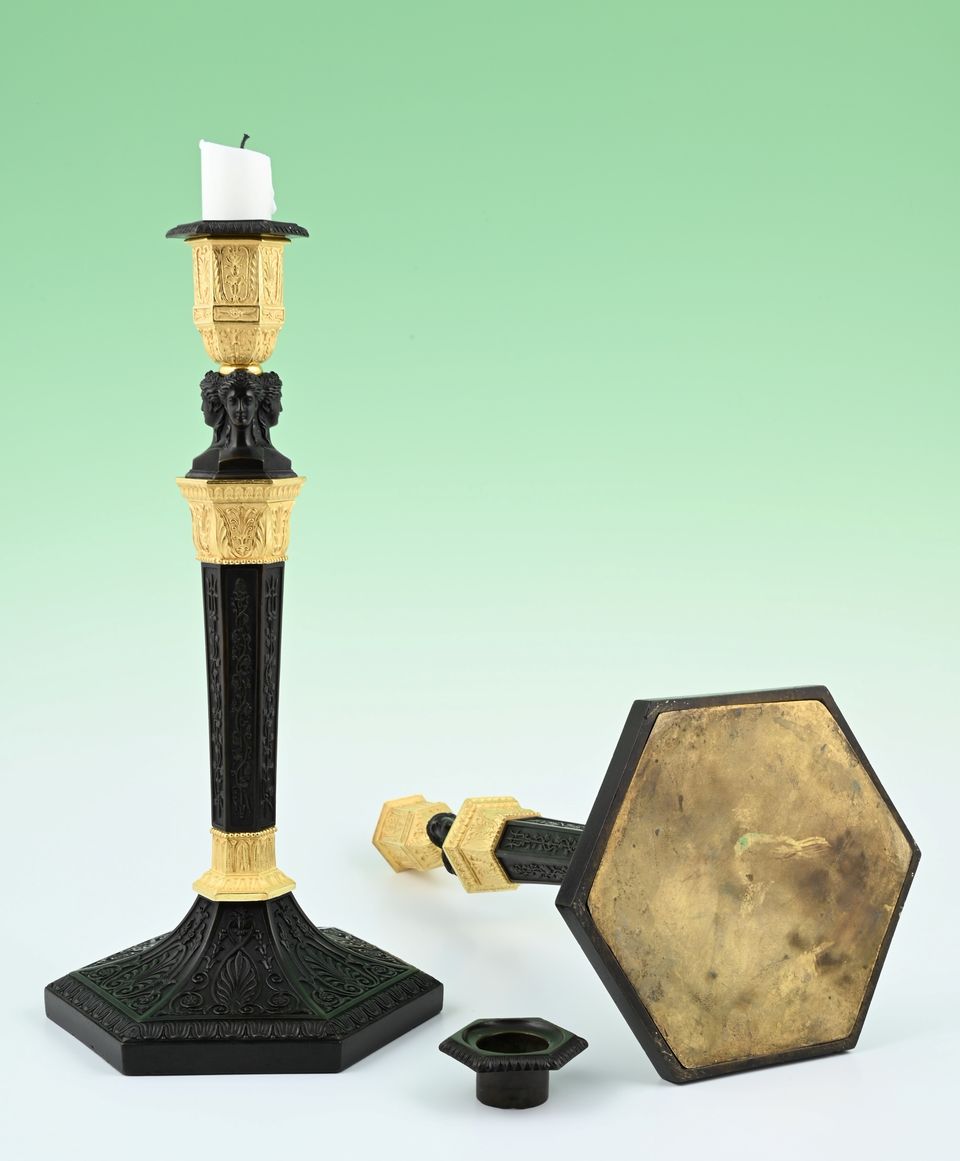 A pair of  ormolu bronze and patineted Empire candle sticks - image 2