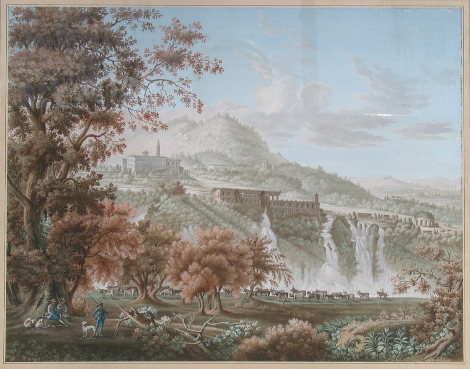 Gouache 'Watervallen bij de Villa Mecenate in Tivoli' - afbeelding 3