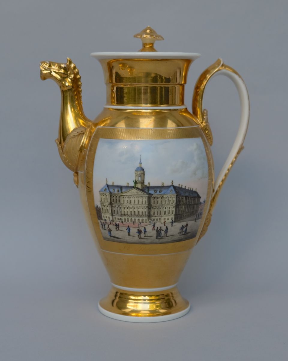 Empire coffee pot and two cups and saucers with views of Amsterdam, Haarlem and Rotterdam - image 2