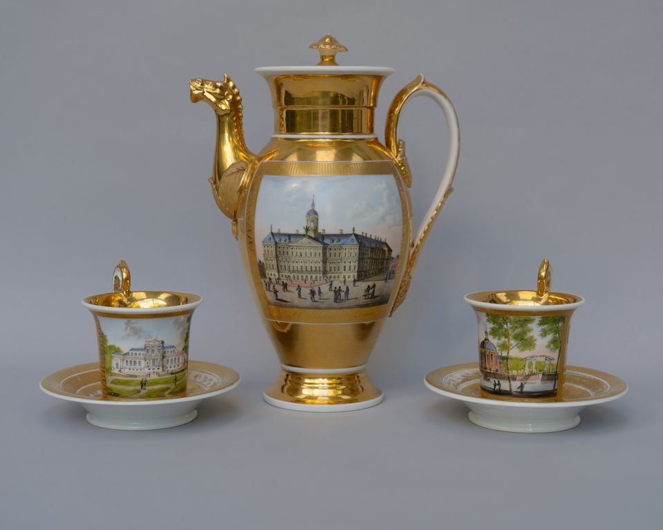 Empire coffee pot and two cups and saucers with views of Amsterdam, Haarlem and Rotterdam - image 7