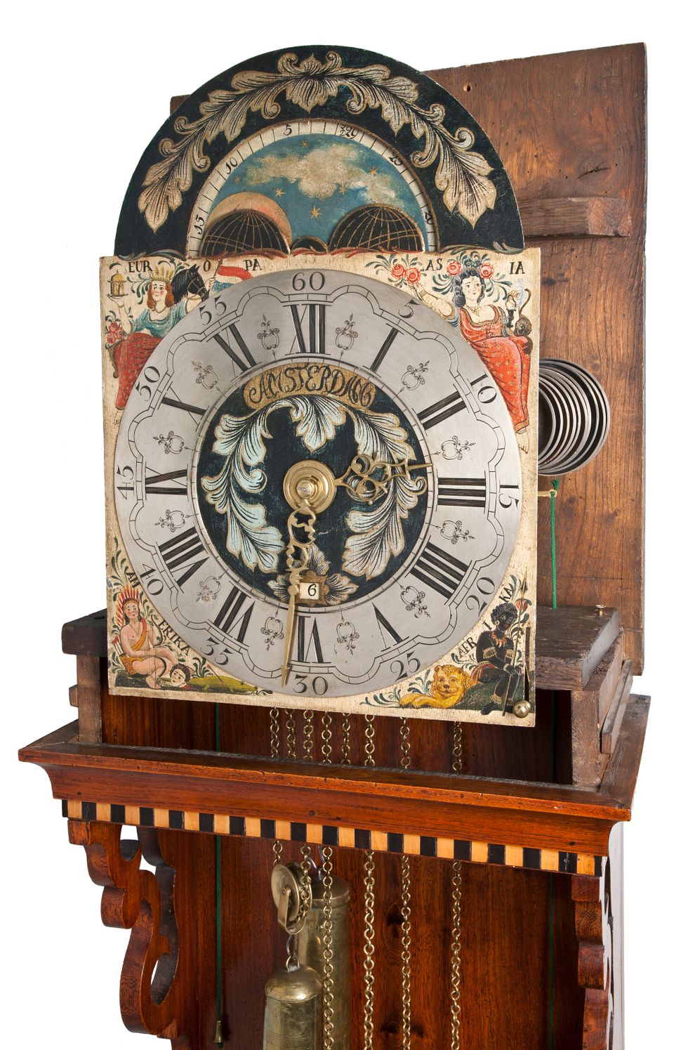 Een zeer zeldzame Friese iepenhouten dubbelkaps staartklok met speelwerk Klaas Andriese circa 1810 - afbeelding 4