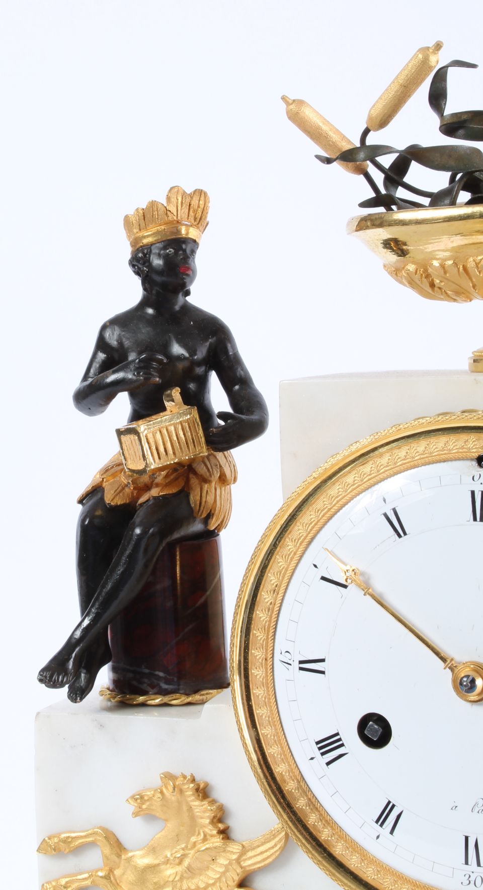 A rare French ‘Directoire’ marble and ormolu mounted ‘au bon Sauvage’ mantel clock, circa 1800 - image 3