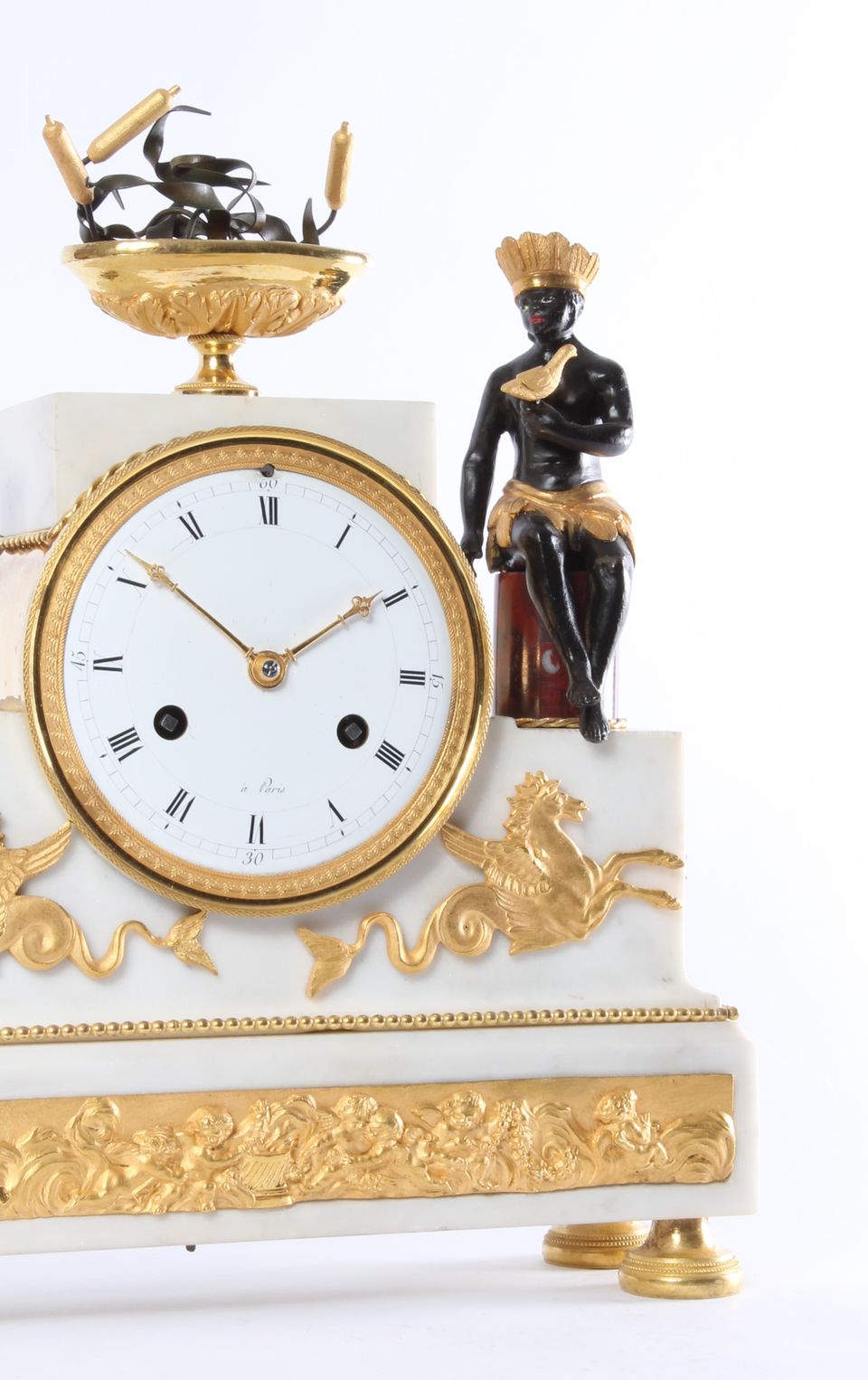 A rare French ‘Directoire’ marble and ormolu mounted ‘au bon Sauvage’ mantel clock, circa 1800 - image 4