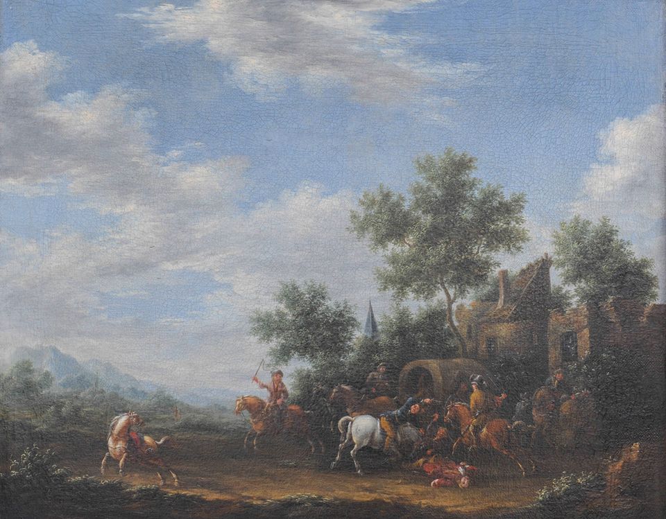 Een zeventiende-eeuws schilderij voorstellende een bende struikrovers in actie - afbeelding 2