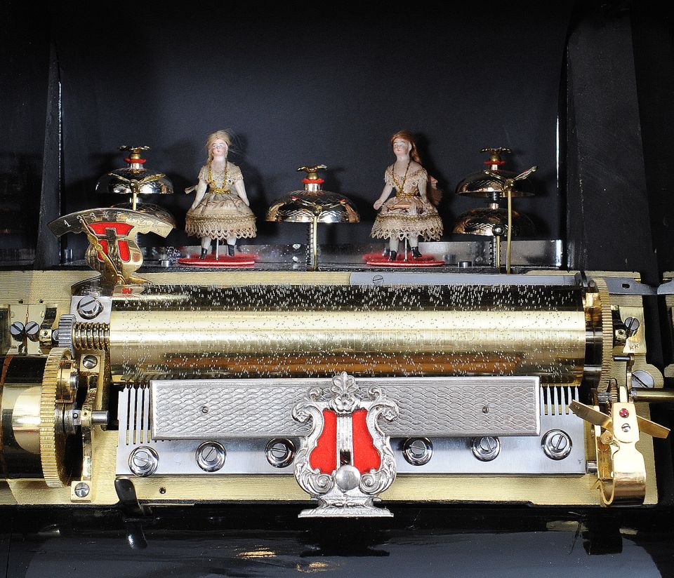 A Swiss amboyna 'bells-in-sight' cylinder music box with animated dancers, circa 1880 - image 7