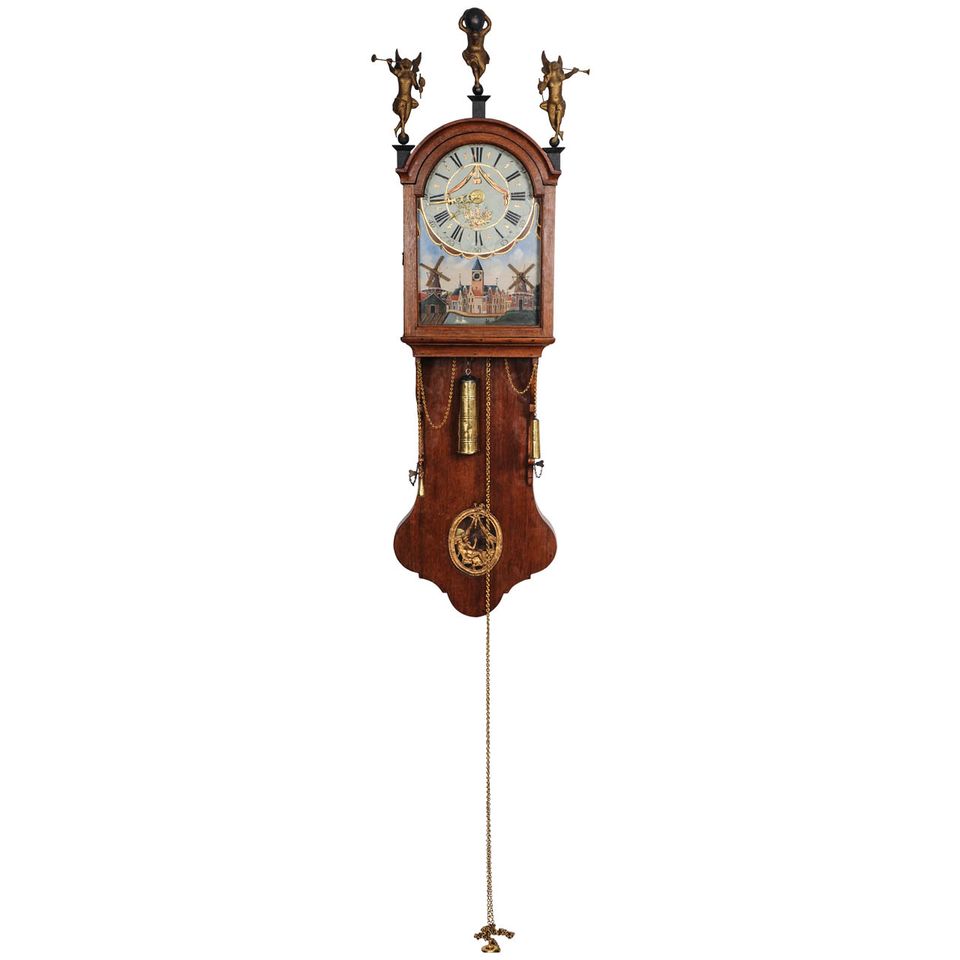 Een zeldzame eiken Friese staartklok met ongebruikelijke mechaniek en geanimeerde molens, omstreeks 1820 - afbeelding 2