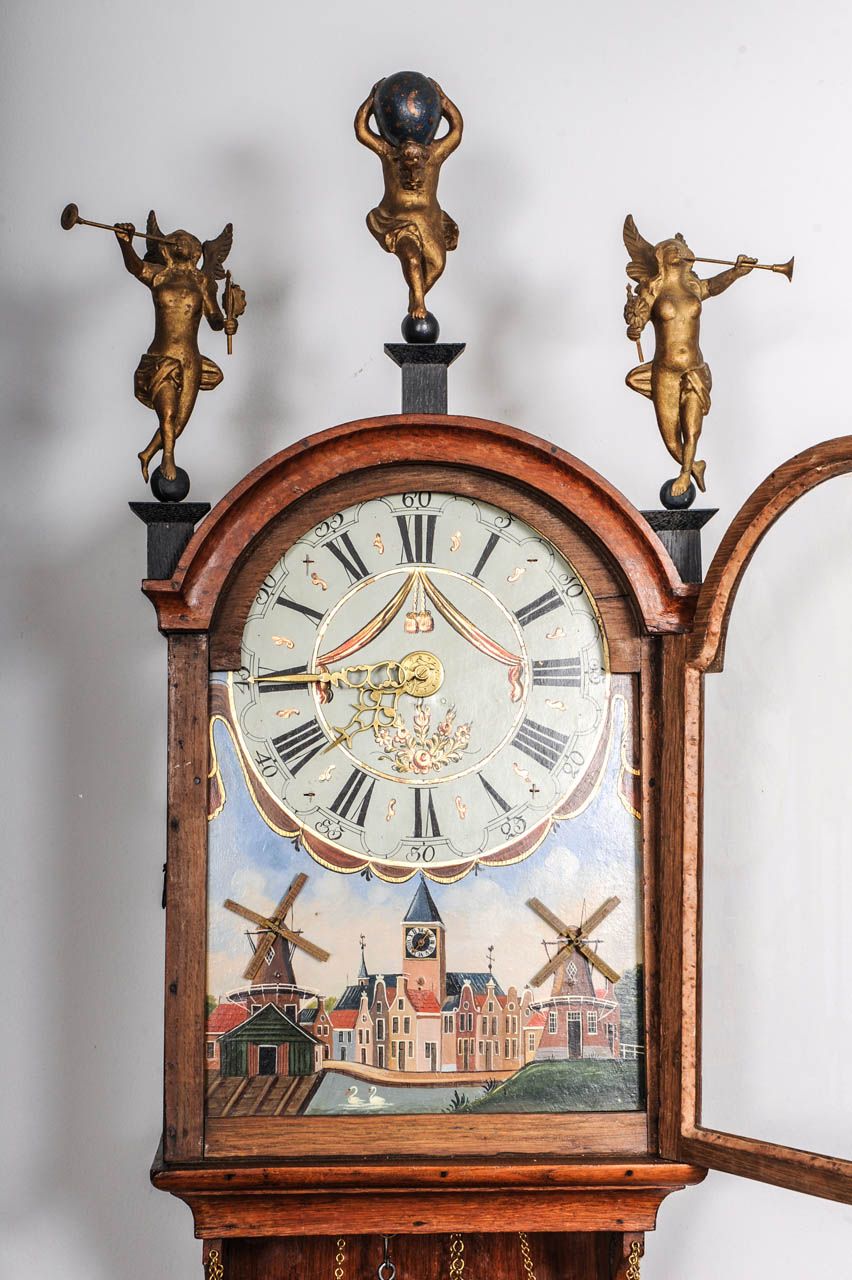 Een zeldzame eiken Friese staartklok met ongebruikelijke mechaniek en geanimeerde molens, omstreeks 1820 - afbeelding 9