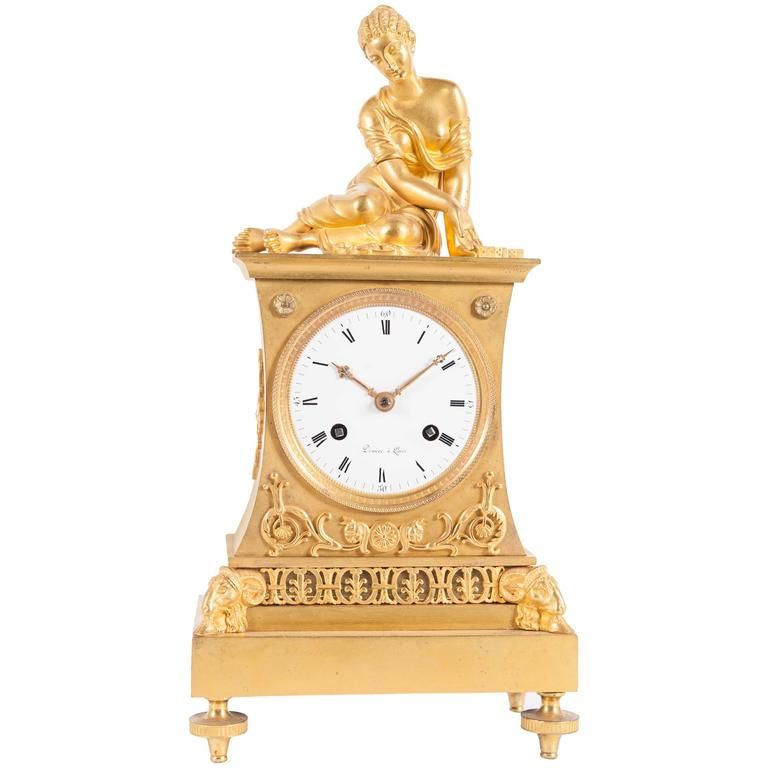 Very Charming French Empire Bronze Gilded Ormolu Clock with Elegant Lady Playing the Dices by Deniere - image 5