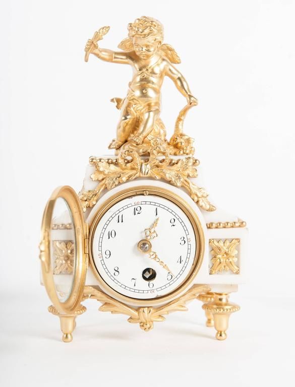 Nice Decorative Miniature Three-Piece White Marble and Ormolu Clock Set - image 5