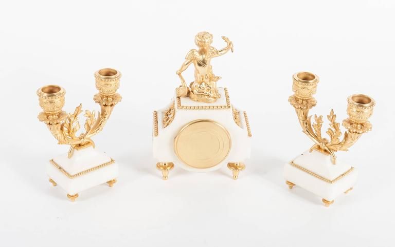 Nice Decorative Miniature Three-Piece White Marble and Ormolu Clock Set - image 6