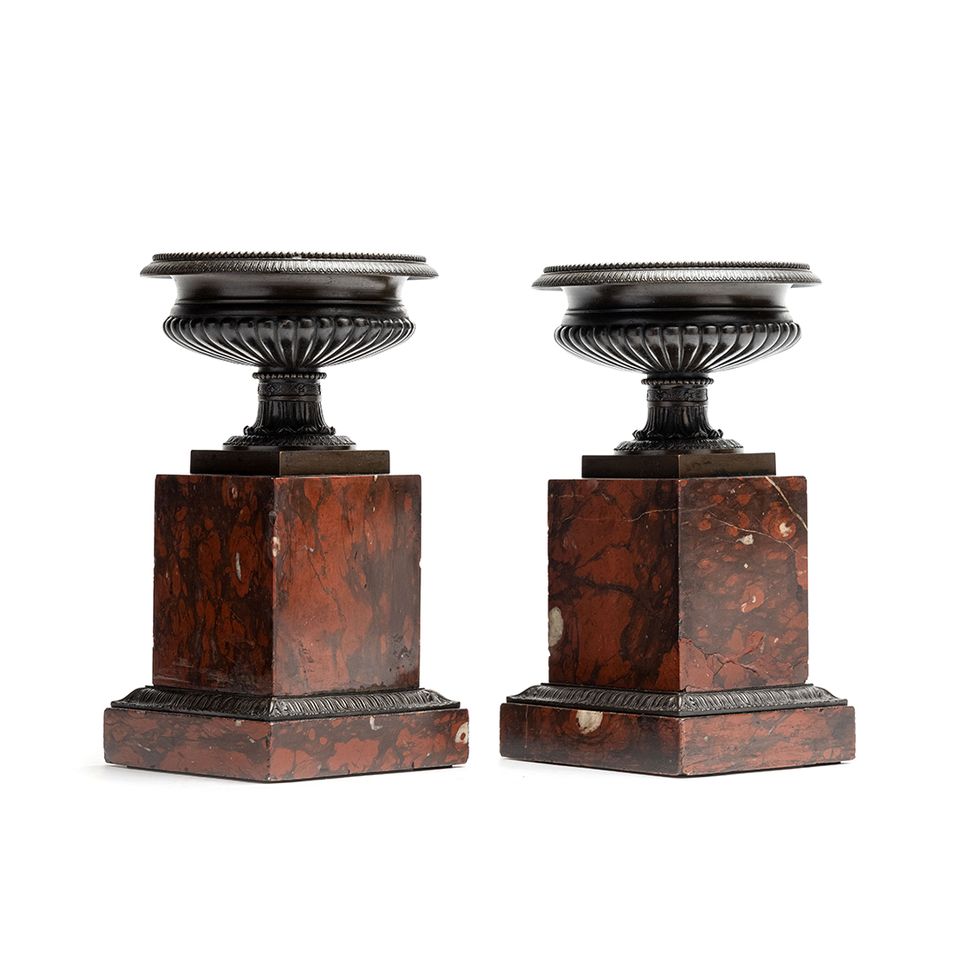 A very nice decorative empire pair of patinated bronze tazza's mounted on beautiful griotte bases - image 2