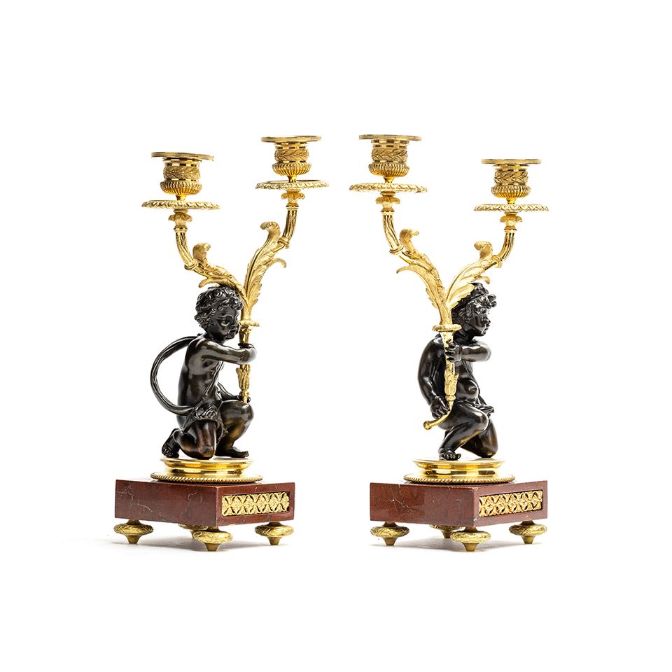 Napoleon III period candlesticks on a red marble decorated base featuring young kids carrying the candles - image 2