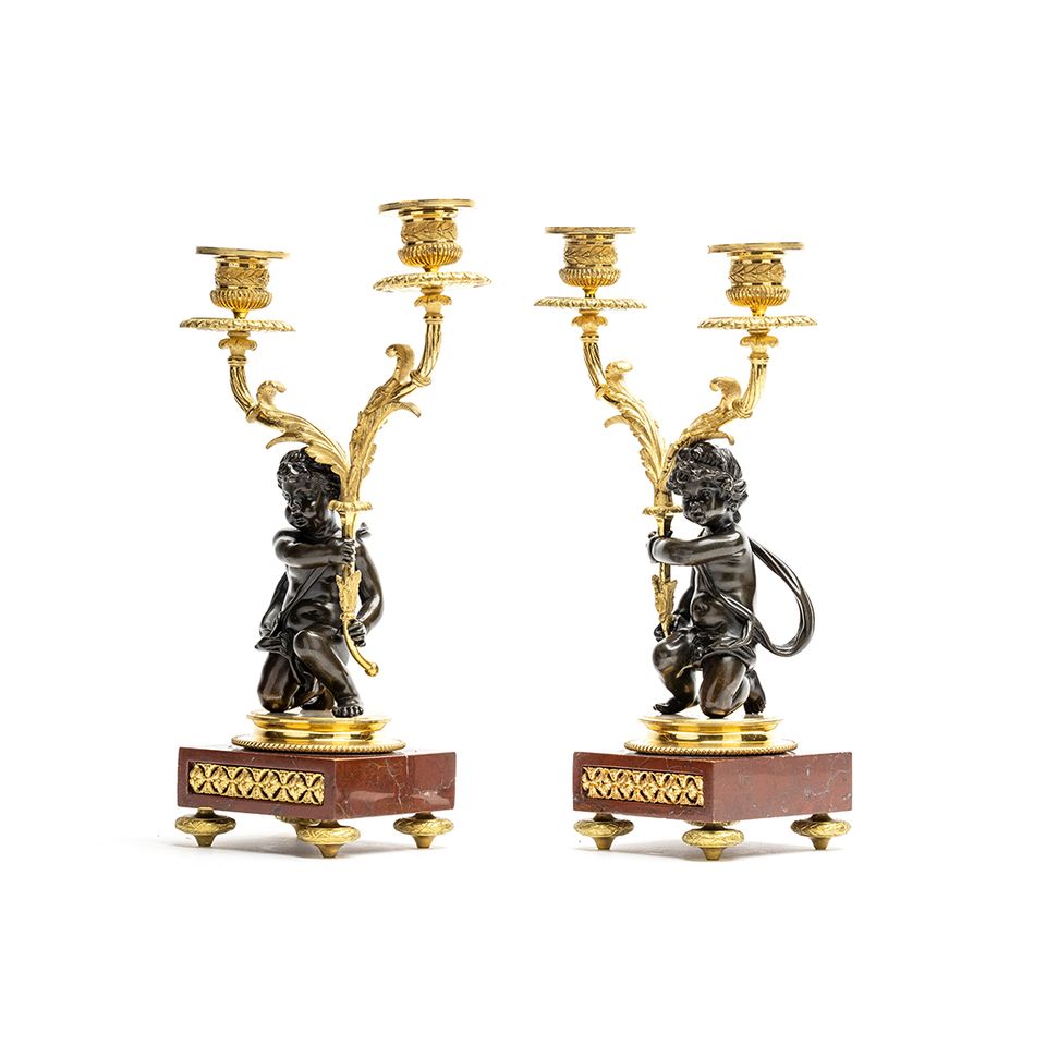 Napoleon III period candlesticks on a red marble decorated base featuring young kids carrying the candles - image 3
