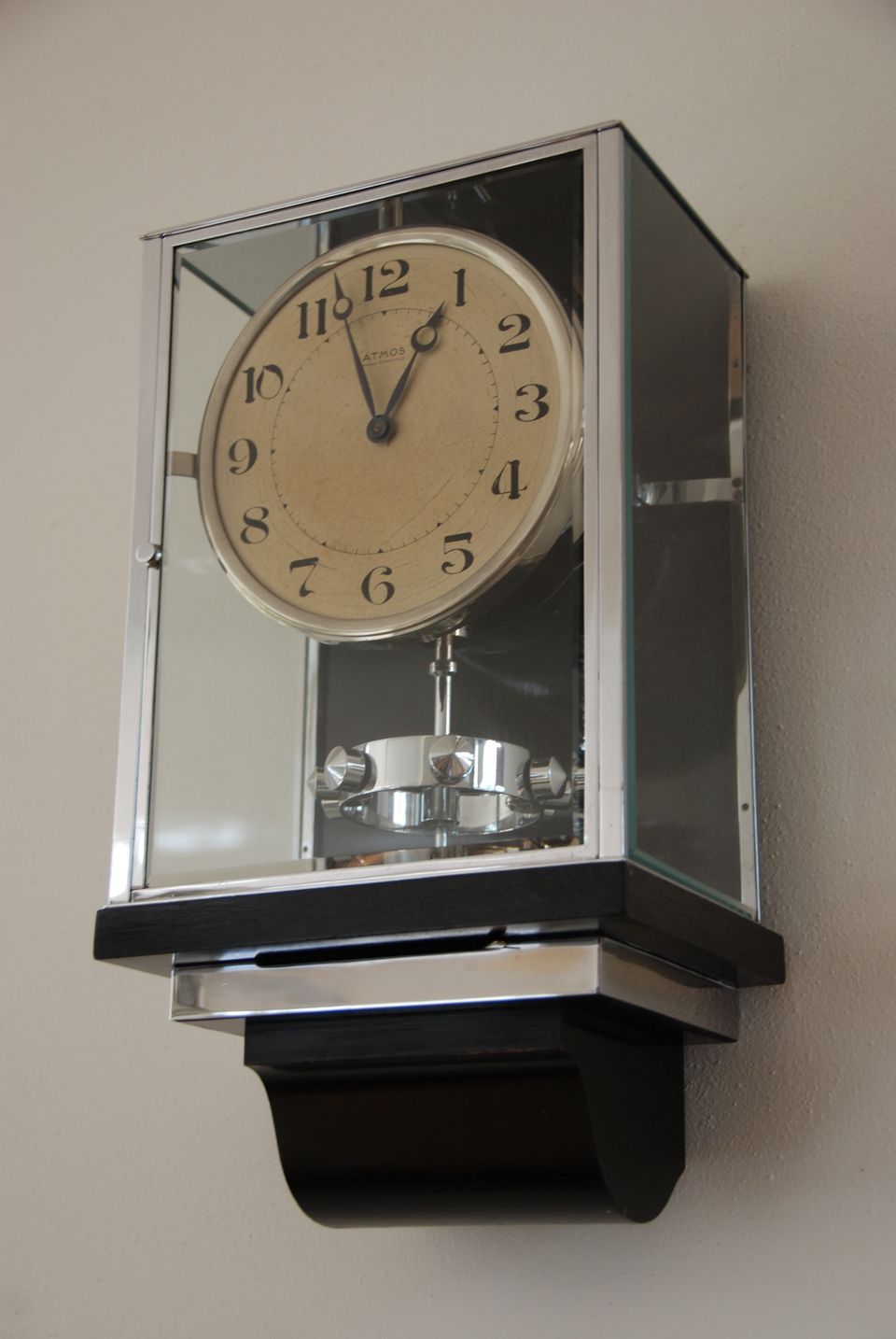 W28 Large nickel Plated Art Deco J. L. Reutter Wall Hanging Three-Glass Atmos Clock. - image 6