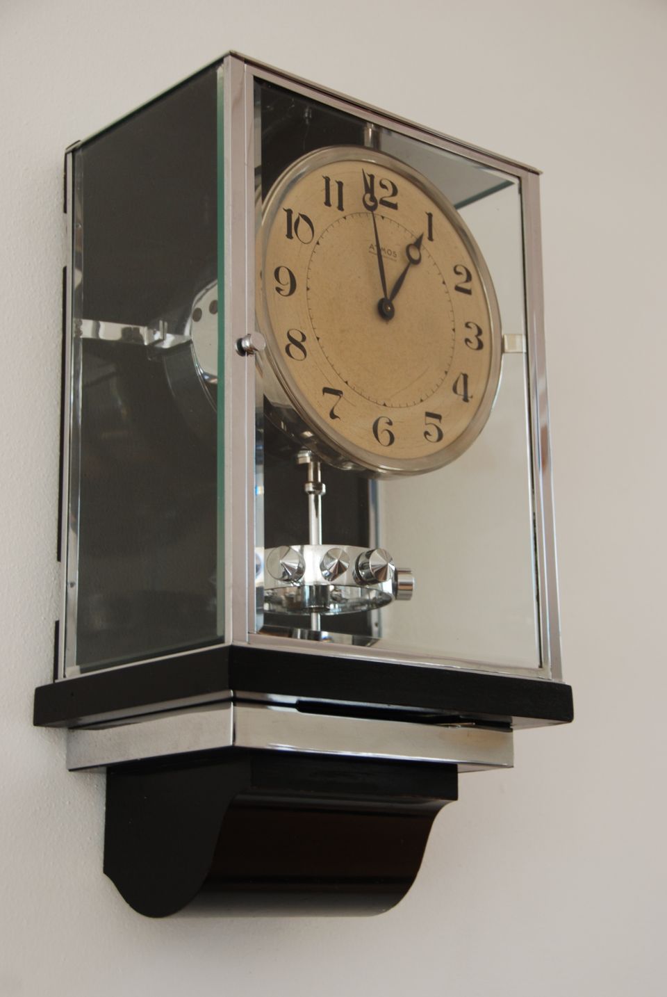 W28 Large nickel Plated Art Deco J. L. Reutter Wall Hanging Three-Glass Atmos Clock. - image 5