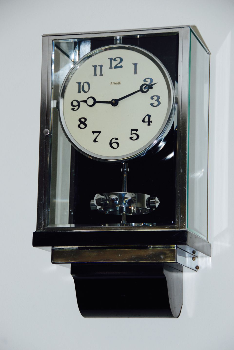 W35  Large nickel plated Art Deco J. L. Reutter Wall Hanging Three-Glass Atmos Clock. - image 2