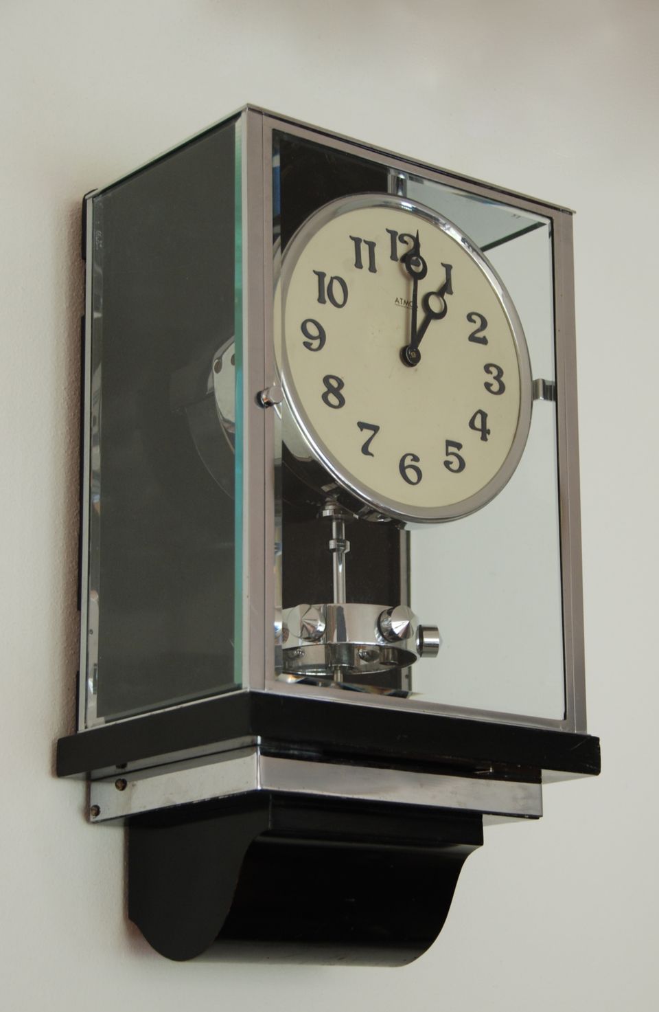 W35  Large nickel plated Art Deco J. L. Reutter Wall Hanging Three-Glass Atmos Clock. - image 3