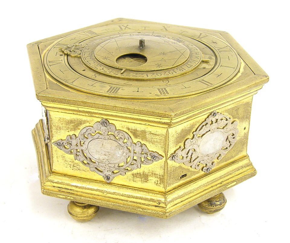 T14 Gilt brass and silver mounted hexagonal table clock with moon phase and alarm. - image 2