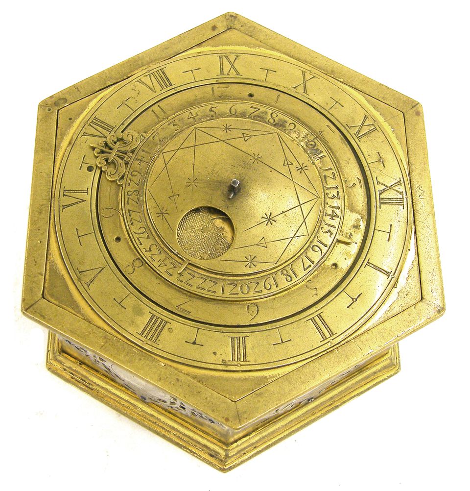 T14 Gilt brass and silver mounted hexagonal table clock with moon phase and alarm. - image 3