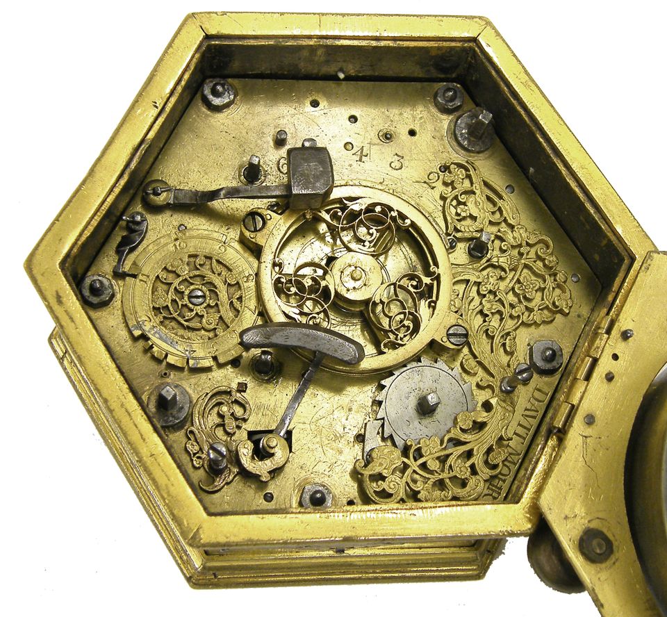 T14 Gilt brass and silver mounted hexagonal table clock with moon phase and alarm. - image 4