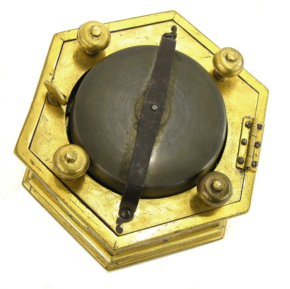 T14 Gilt brass and silver mounted hexagonal table clock with moon phase and alarm. - image 5