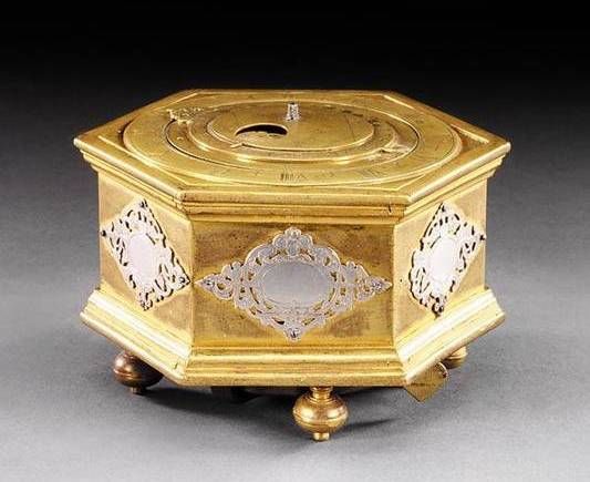 T14 Gilt brass and silver mounted hexagonal table clock with moon phase and alarm. - image 6