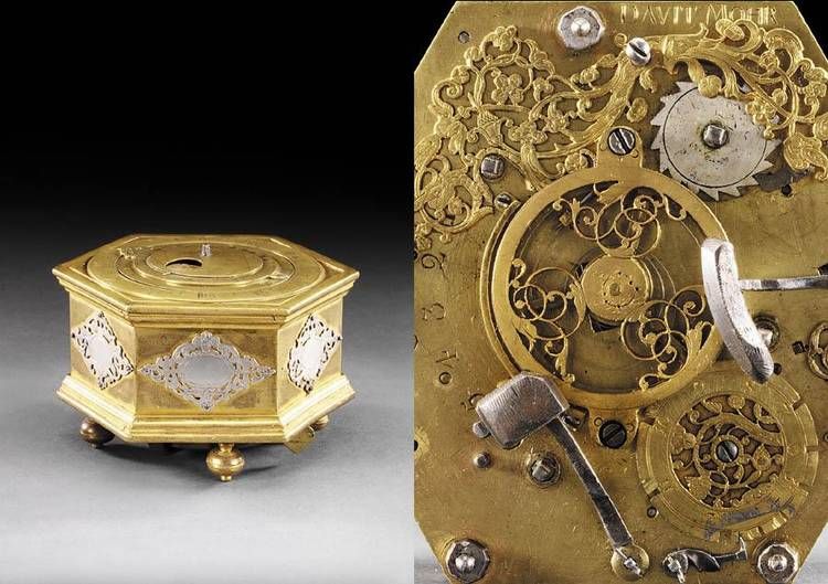 T14 Gilt brass and silver mounted hexagonal table clock with moon phase and alarm. - image 7